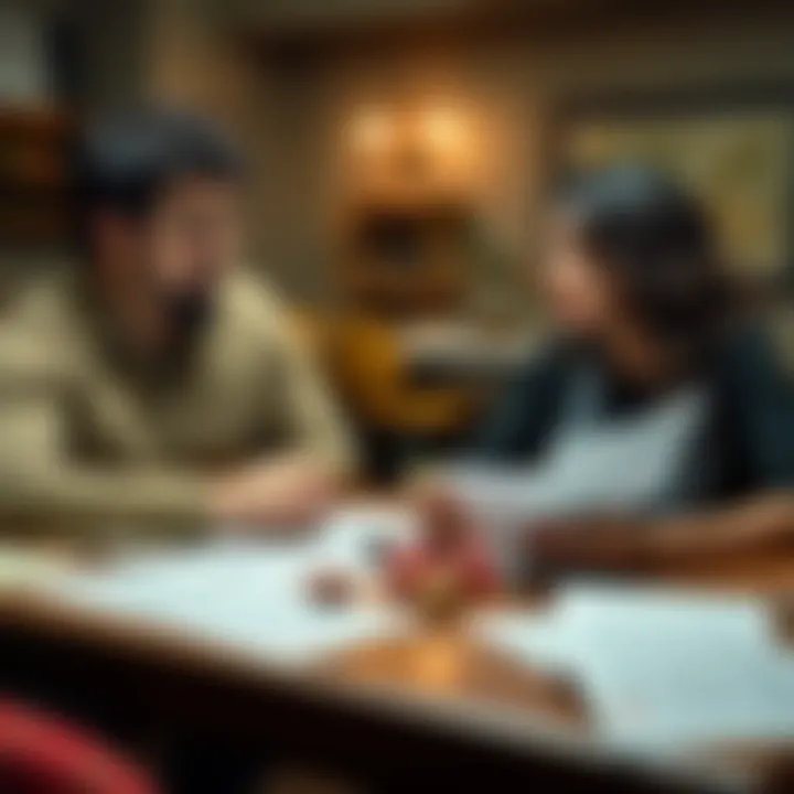A husband and wife sit at a table, surrounded by dice and character sheets, engaged in a Dungeons & Dragons game.