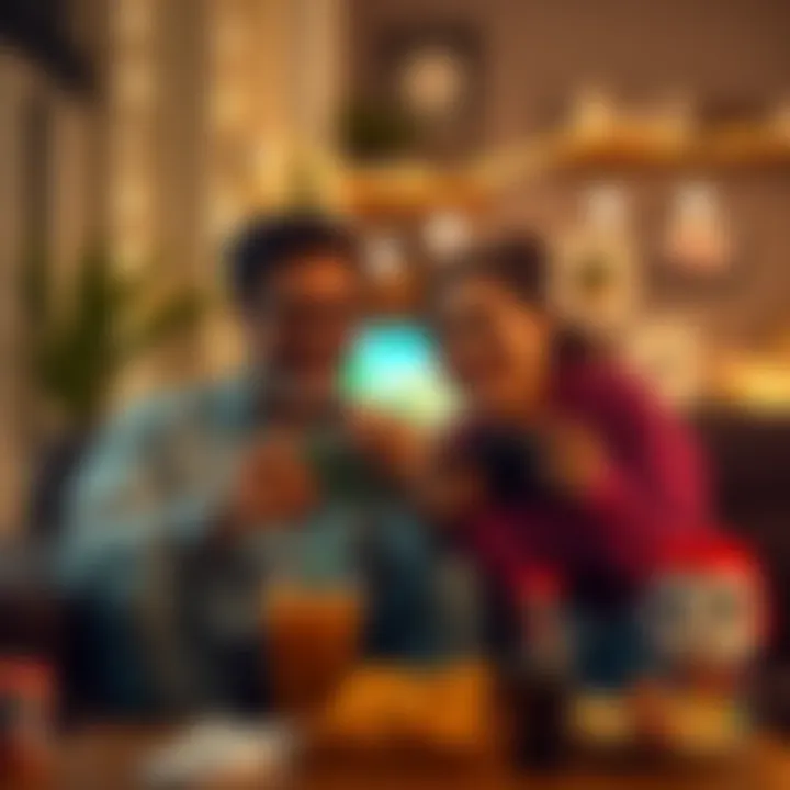 A couple enjoying local co-op gameplay on a Nintendo Switch, focused on the screen and laughing together, surrounded by snacks and drinks.