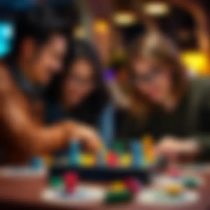 A couple enjoying a tabletop game together, smiling and focused on the game board with colorful pieces.