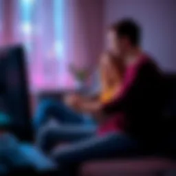 Couple Playing Video Game Together A man and woman sitting on a couch, playing a video game on a PC with a controller, both focused and enjoying the experience.