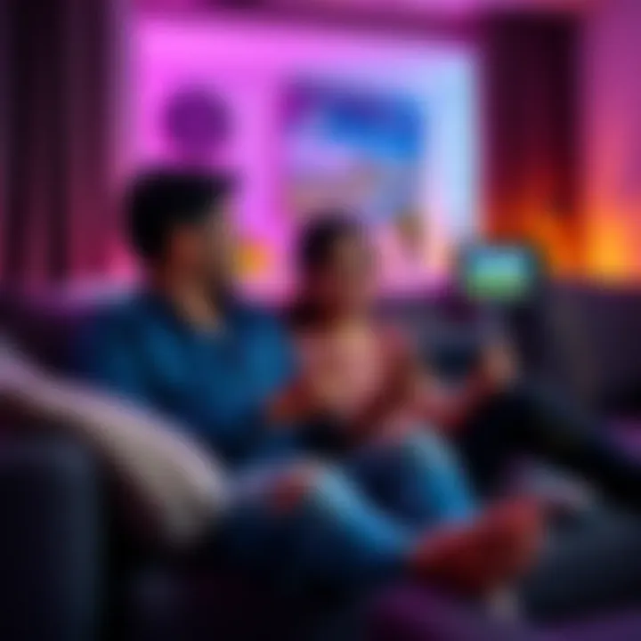 A married couple sitting on a couch, playing a cooperative video game on a console, both focused and enjoying their time together.