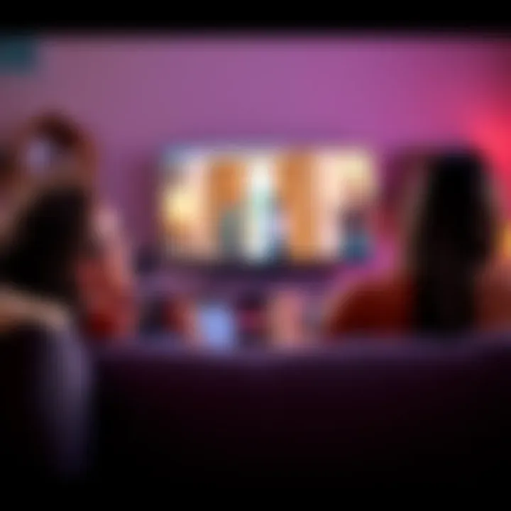 A couple laughing while playing video games on a couch with controllers in hand and a TV screen showing a game scene, featuring characters closing doors.