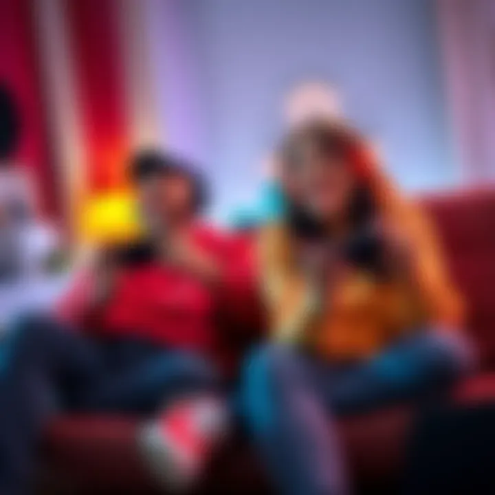 A couple enjoying multiplayer video games on a Nintendo Switch, sitting together on a couch with controllers in hand, smiling and laughing