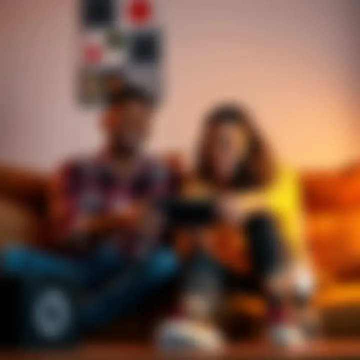 A couple sits on a couch, smiling and playing a co-op video game together with a gaming console.