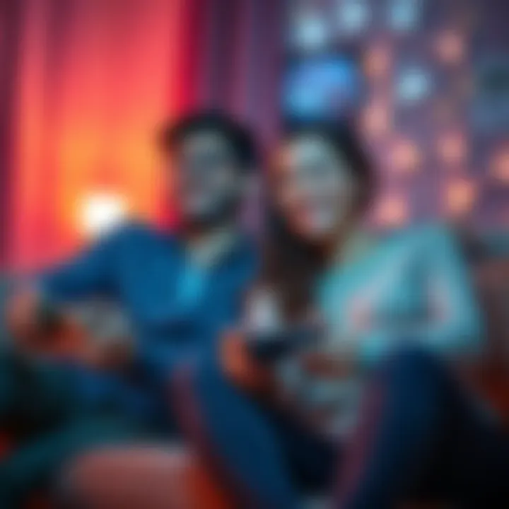 A couple enjoying a gaming session on a couch, smiling and engaged with controllers in hand