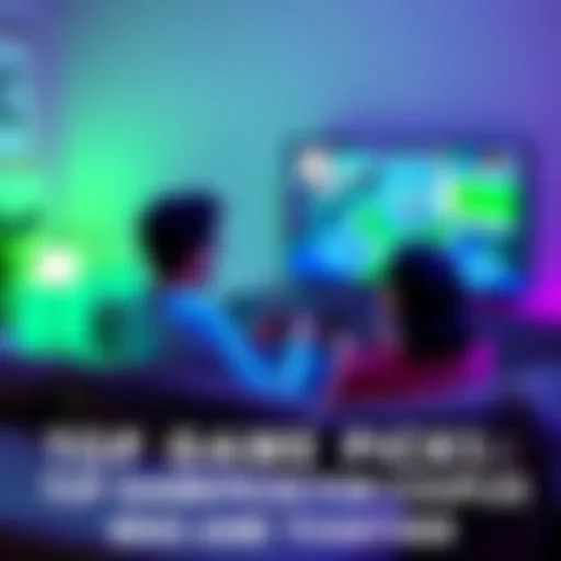 A couple sitting on a couch, enjoying a video game together with controllers in hand and a large TV screen showing gameplay, creating a fun shared experience
