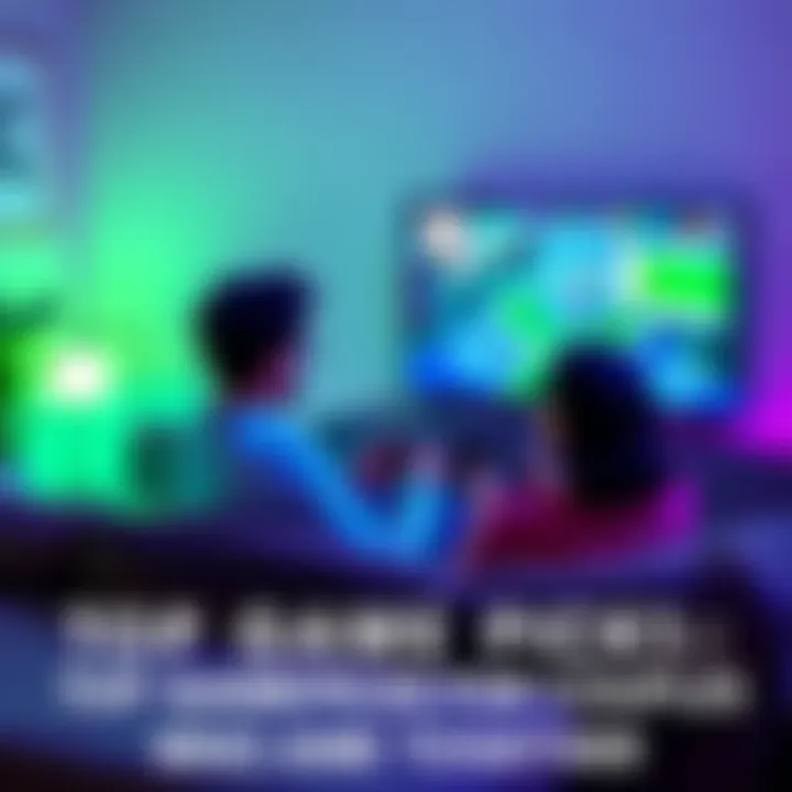 A couple sitting on a couch, enjoying a video game together with controllers in hand and a large TV screen showing gameplay, creating a fun shared experience