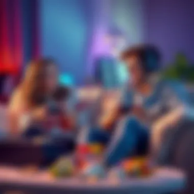 A couple enjoying a cooperative video game on a couch, surrounded by snacks