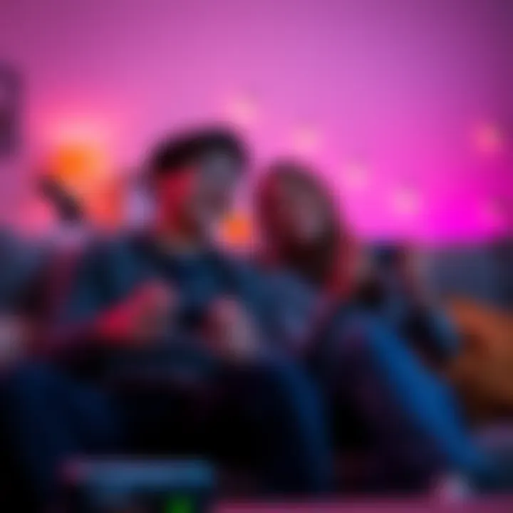 A young couple sitting on a couch, focused on playing story-driven video games with controllers in hand, sharing smiles and laughter.