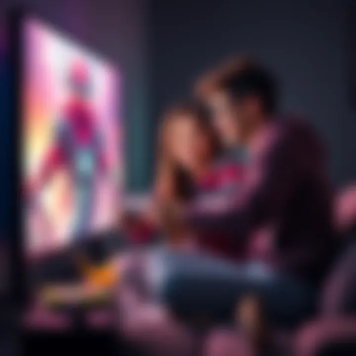 A young couple enjoying multiplayer survival games on Xbox, immersed in gameplay on a large screen with snacks nearby.