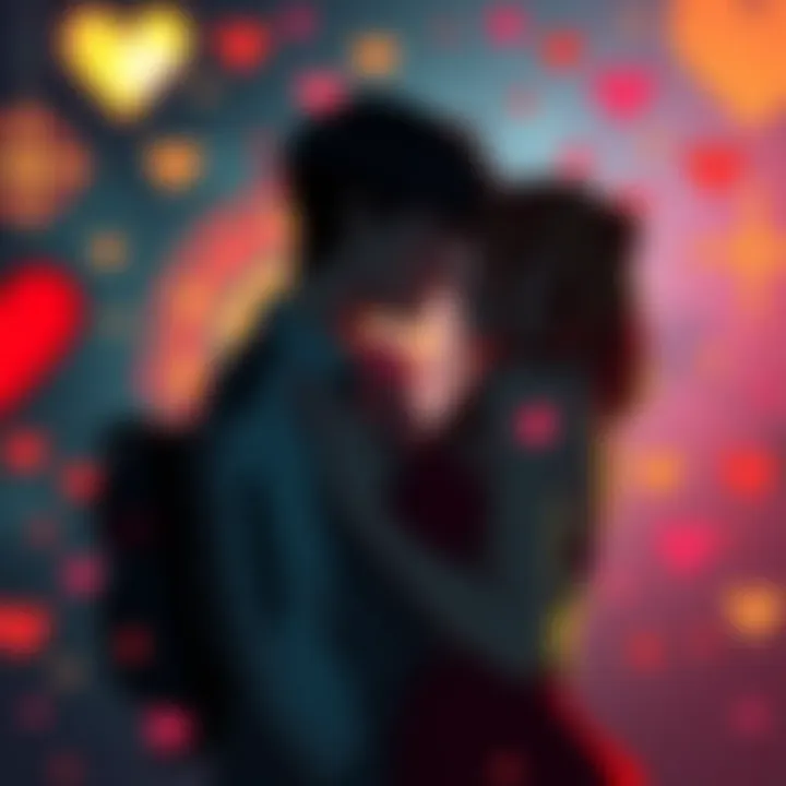 A couple sharing a romantic moment with Resident Evil elements in the background, such as iconic game symbols and colors.