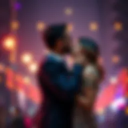 Couple Sharing a Kiss A couple stands close, sharing a tender kiss, reflecting affection and intimacy in a warm setting.