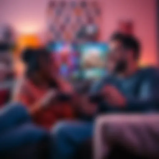 A couple enjoying a split-screen video game on the couch, smiling and bonding over gameplay