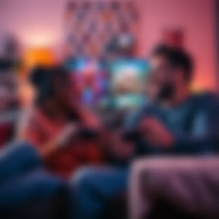 A couple enjoying a split-screen video game on the couch, smiling and bonding over gameplay