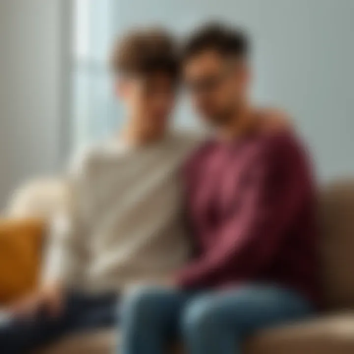 A couple sitting together, one partner comforting the other during a tough moment, showing emotional support.