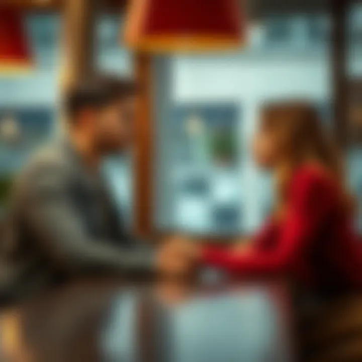 Couple in a tense conversation A man and a woman sitting at a table, looking at each other with serious expressions, signifying a discussion about trust and relationships.