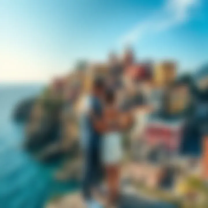 Couple in Vernazza A couple embraces on a scenic cliff overlooking Vernazza, Italy, with colorful buildings and the sea in the background.