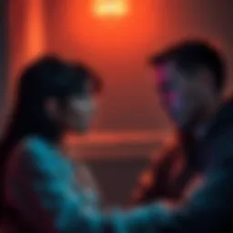 A couple arguing in a dimly lit room, with one person appearing distressed and the other looking angry, symbolizing relationship tension after a risky situation.