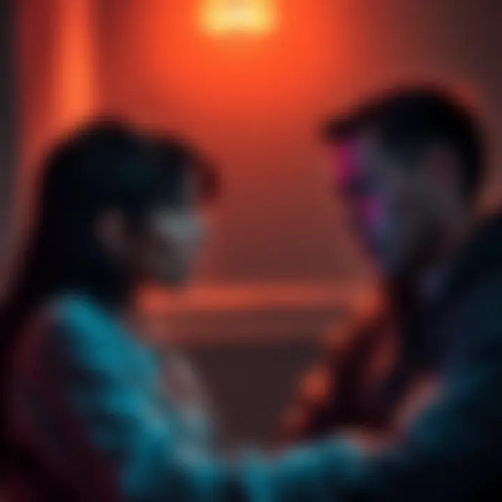 Shattered hearts after a risky encounter A couple arguing in a dimly lit room, with one person appearing distressed and the other looking angry, symbolizing relationship tension after a risky situation.