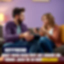 A couple sitting on a couch with a video game console, arguing about a game character. One person looks upset while the other appears defensive.