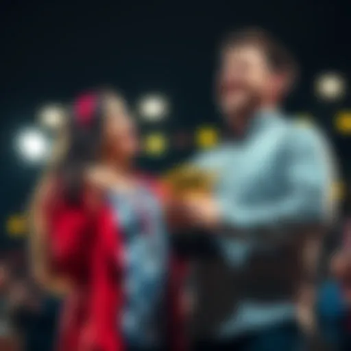 A husband and wife joyfully celebrate a personal milestone together, smiling and hugging each other with a trophy in hand.