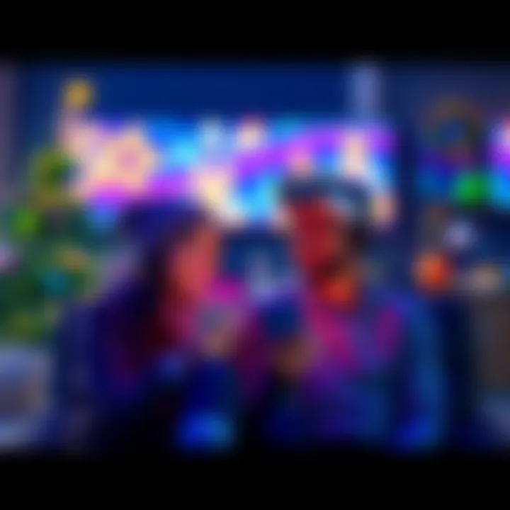 A couple sits together playing the Clair Obscur game, smiling and engaged with vibrant visuals on the screen, embodying the festive spirit of Nerdmas.