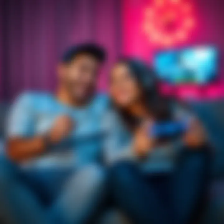 A cheerful couple playing video games together on a couch, smiling and sharing joyful moments.