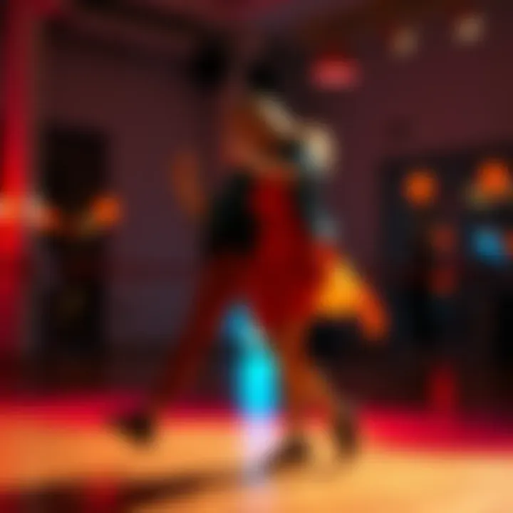 A man and woman joyfully dancing a duo routine, showcasing fun and energetic moves in a vibrant setting.