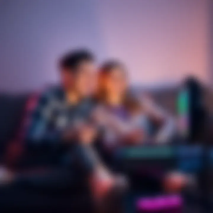 A husband and wife play 2D video games on a couch, smiling and having fun, with a game console and controllers nearby.