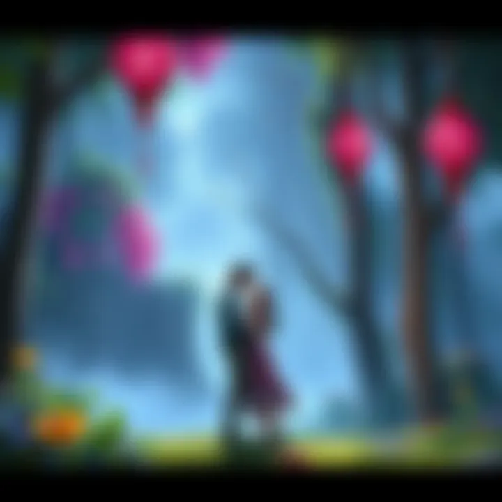 Couple in a fantasy game setting A couple standing in a lush, magical forest, engaging in a romantic moment in a fantasy video game