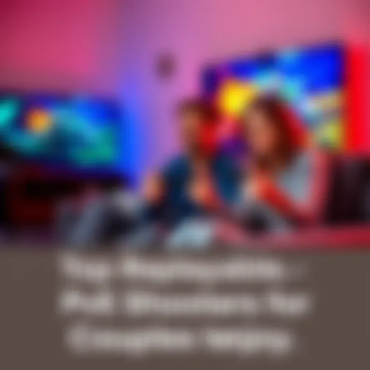 A couple sitting on a couch, holding game controllers and smiling while playing a PvE shooter game on a TV