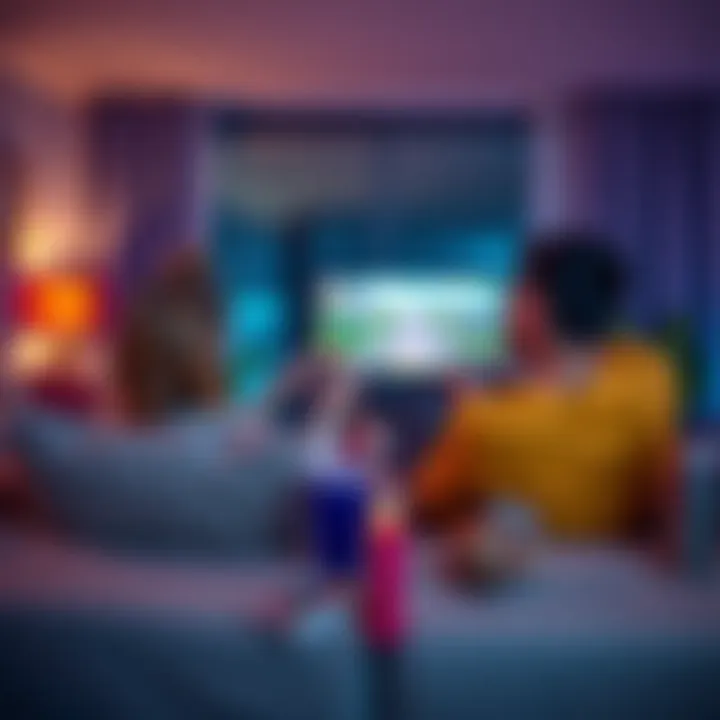 A couple sitting on a couch, playing a laid-back multiplayer game on a TV, with snacks nearby and a cozy atmosphere.