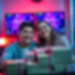 A happy couple smiles together, showcasing their gaming setup with screens displaying Arc Stations and a large stack of virtual currency.