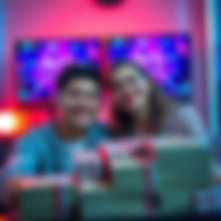 A happy couple smiles together, showcasing their gaming setup with screens displaying Arc Stations and a large stack of virtual currency.