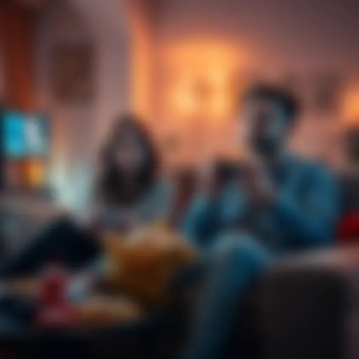 A couple sitting on a couch, focused on playing video games together with snacks and drinks nearby.