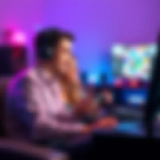 A couple playing video games, trying to resolve a PSN app issue for better communication while gaming, with a gaming setup visible in the background.
