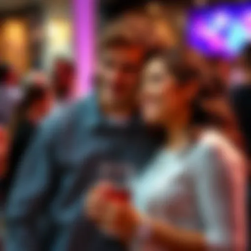 A loving couple enjoying a moment together at an HCS event, surrounded by friends and shared interests.