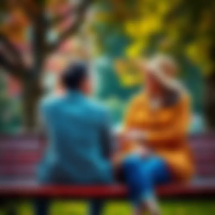 A couple sits together on a park bench, engaged in a thoughtful conversation, showing emotions and connection.