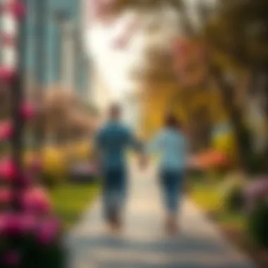 A couple walking hand in hand in a city park, surrounded by blooming flowers and greenery, symbolizing love and connection