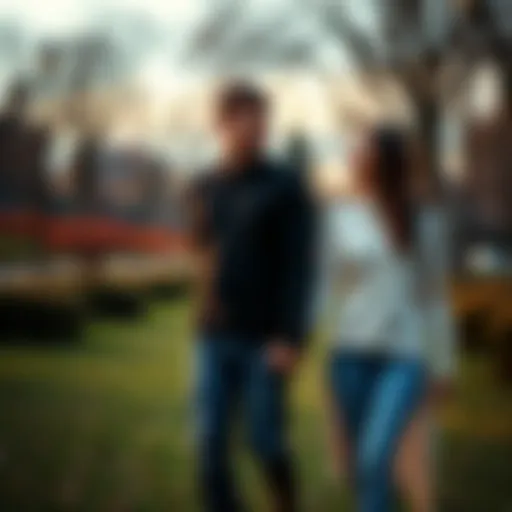 A happy couple holding hands while walking in a park, smiling at each other, symbolizing love and commitment.