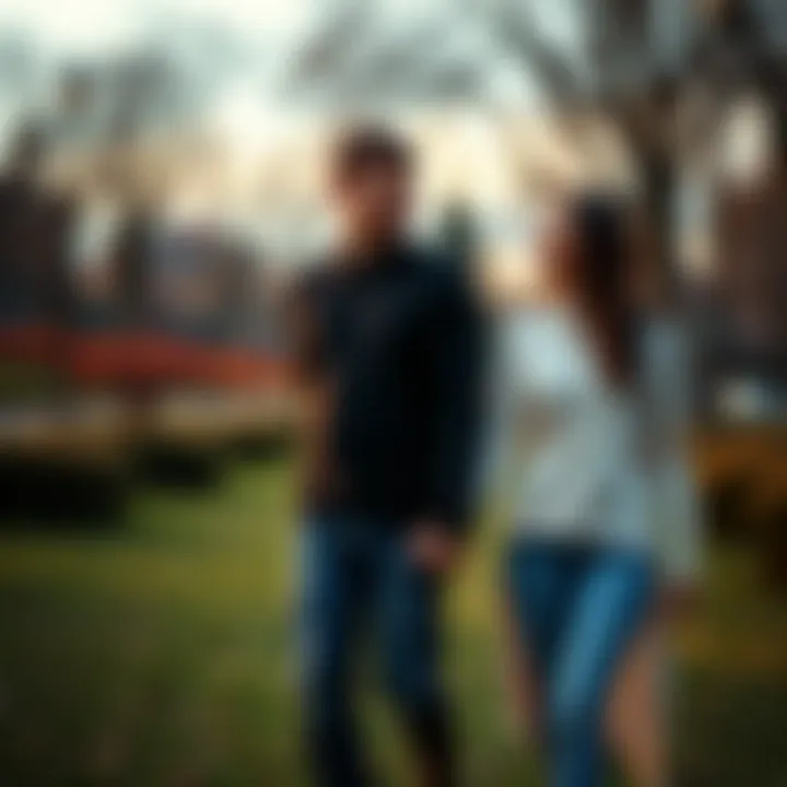 A happy couple holding hands while walking in a park, smiling at each other, symbolizing love and commitment.