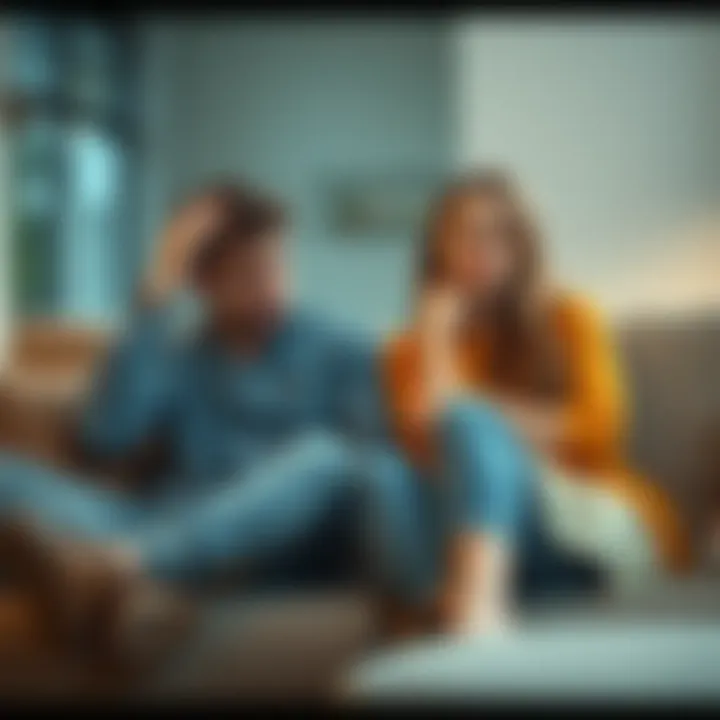 A couple sitting on a couch, one looking frustrated and the other showing signs of affection, symbolizing the clash of love and annoyance.