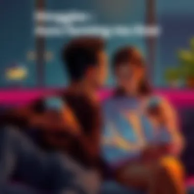 A couple sitting apart, looking frustrated with their phones in hand, illustrating the tension caused by one partner's focus on aura farming.