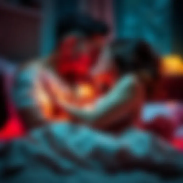 Couple in an intimate moment A couple sharing an intense and passionate encounter in a cozy bedroom setting, highlighting their connection and desire.