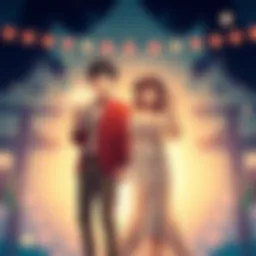 A happy couple holding hands with a glowing pact document between them, symbolizing their emotional connection in a gaming context.