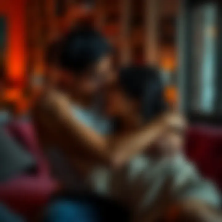 A couple in an intimate setting, with one partner taking a dominant pose over the other, showing a playful yet intense connection.