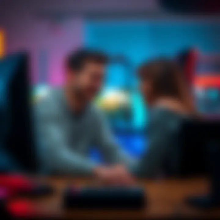 A man and woman sitting side by side at a desk, playing video games on a computer, smiling and enjoying their time together.