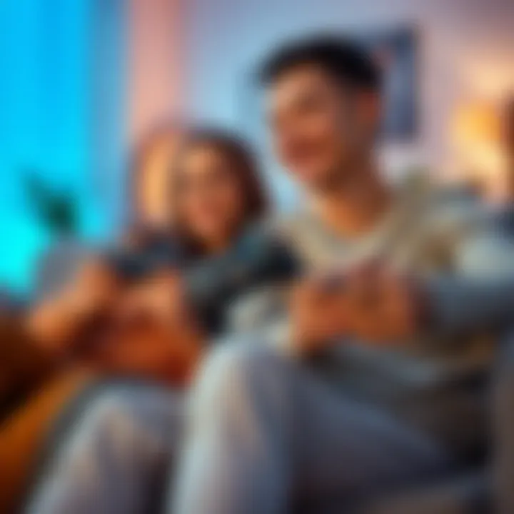 A happy couple enjoying a cooperative PlayStation 5 game, sitting on a couch with controllers in hand and excitement on their faces.