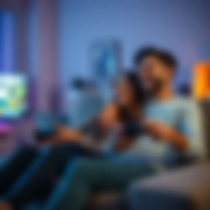 A couple enjoying a split screen video game together on a couch, smiling and having fun with controllers in hand.