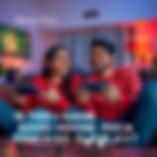 Couple Playing Video Game Together A couple sitting on a couch, engaged in a cooperative video game session, smiling and enjoying their time together.